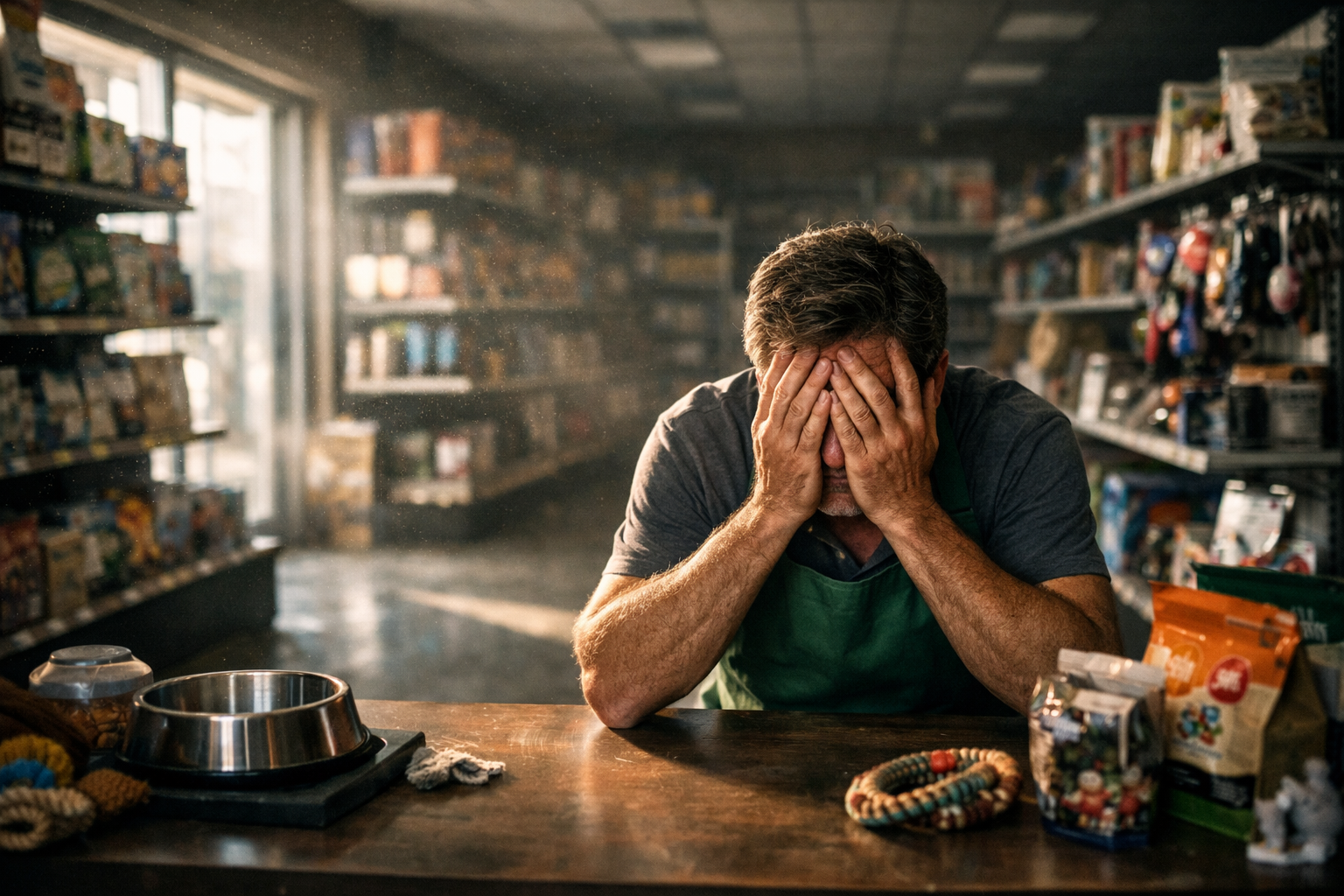 Dono de pet shop preocupado