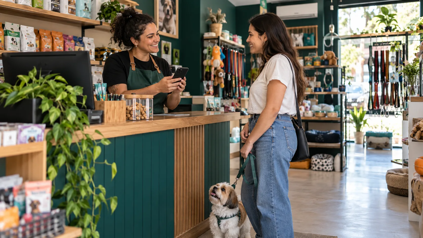 Atendente conversa com tutora e seu cão no balcão de um pet shop